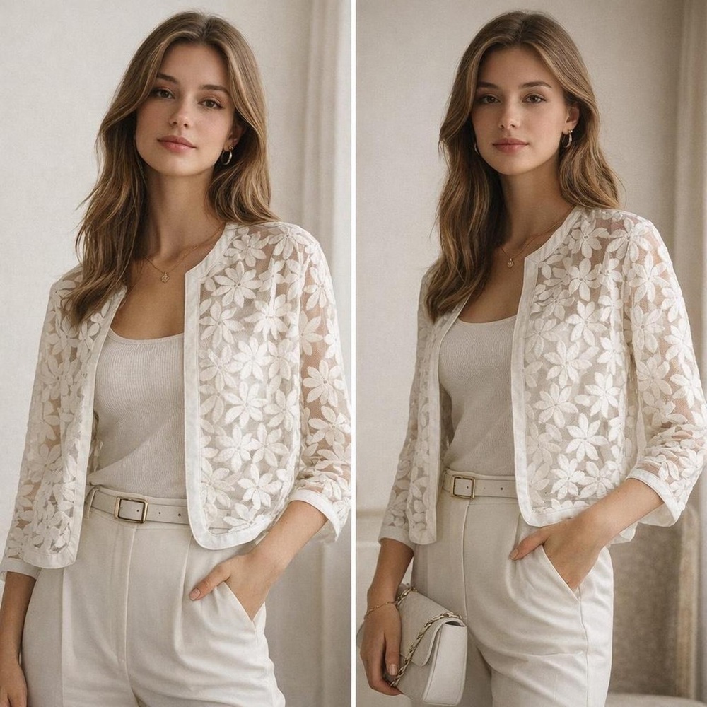 Anne Klein Cream Floral Lace Jacket Sheer Cropped Cardigan